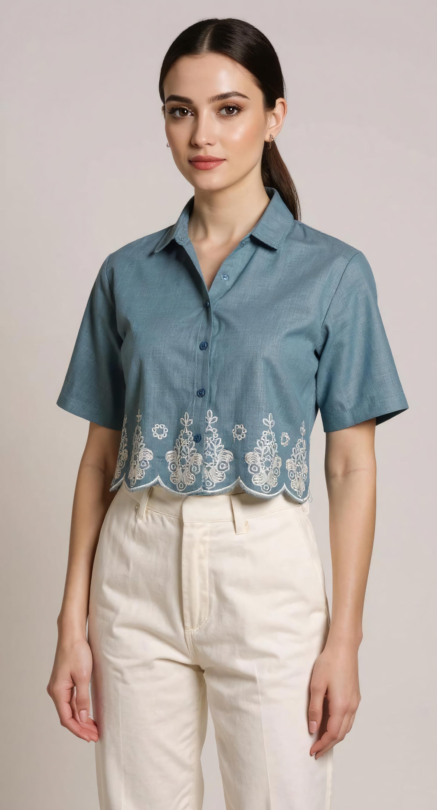 Embroidered Scallop Hem Cropped Linen Blouse