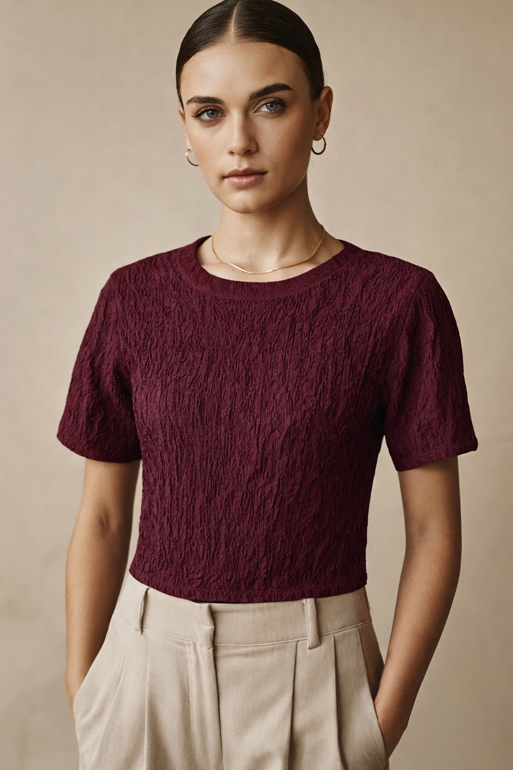 Deep Wine Textured Crop Top – Short Sleeve Fitted Women’s Top