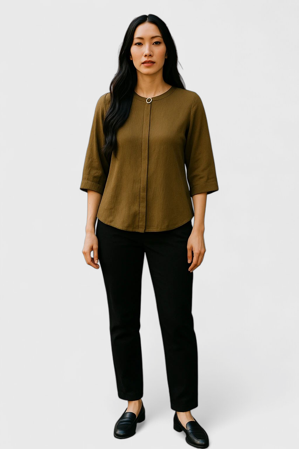 Women’s Round Neck Button Detail Blouse – 3/4 Sleeve Tailored Top