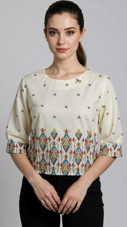 Geometric Print Cream Cropped Linen Blouse