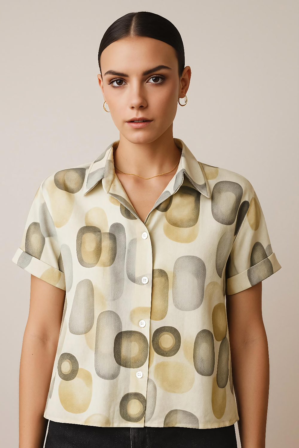 Abstract Print Button-Up Linen Shirt – Cream