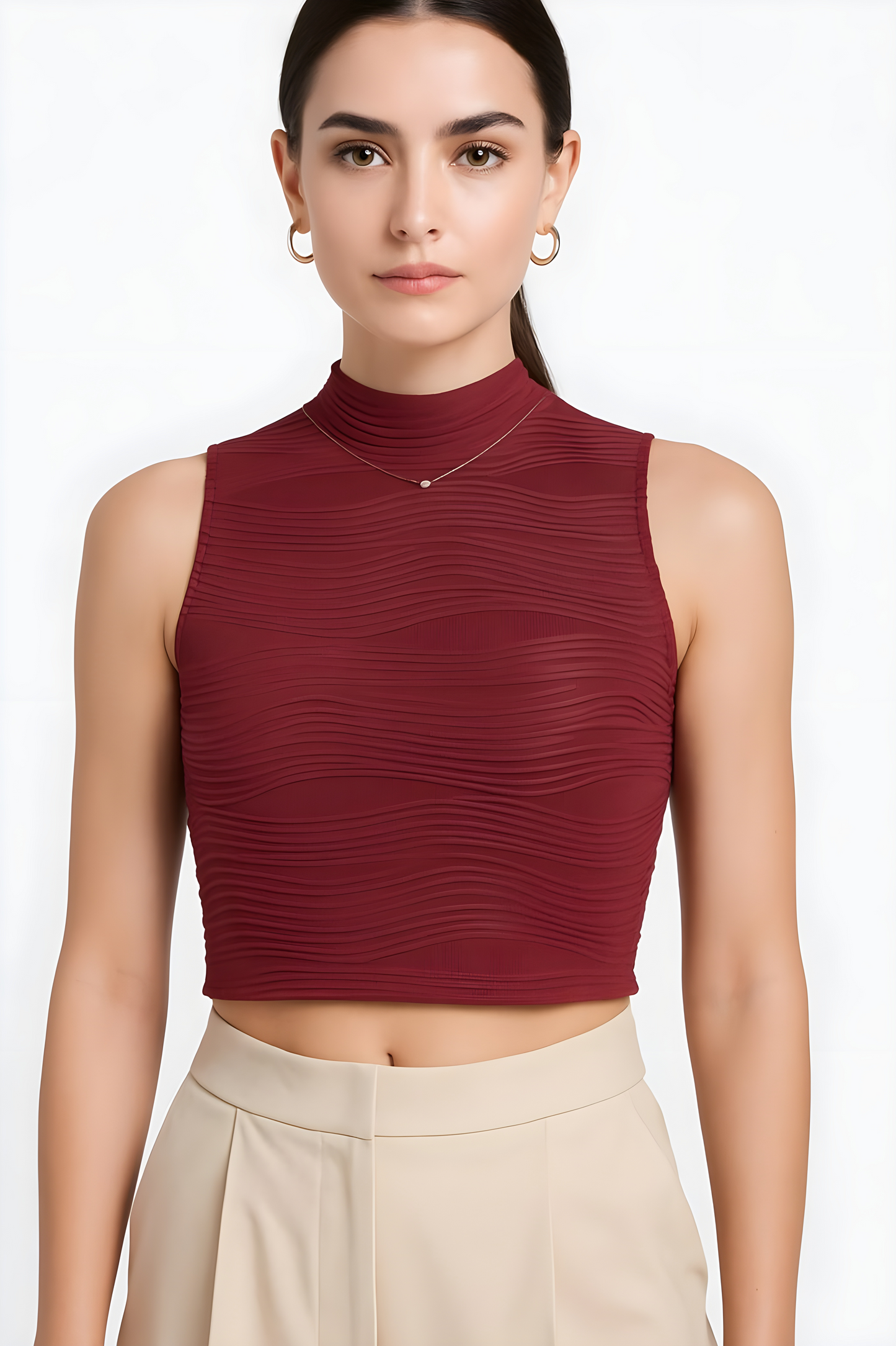 Ruby Maroon Textured High Neck Crop Top – Sleeveless Fitted Women’s Top