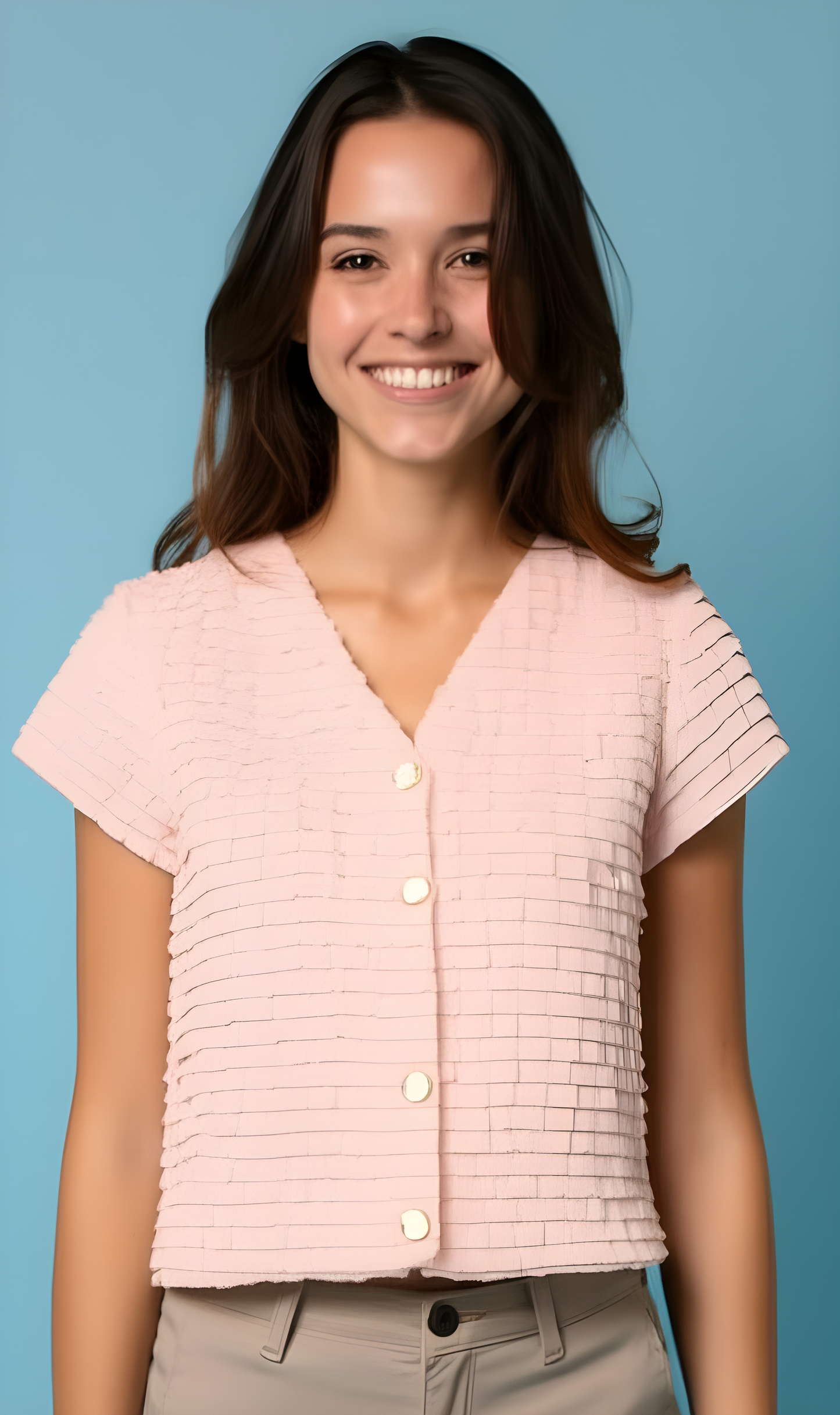 Textured Button Front Blouse – V-Neck Short Sleeve Women’s Top