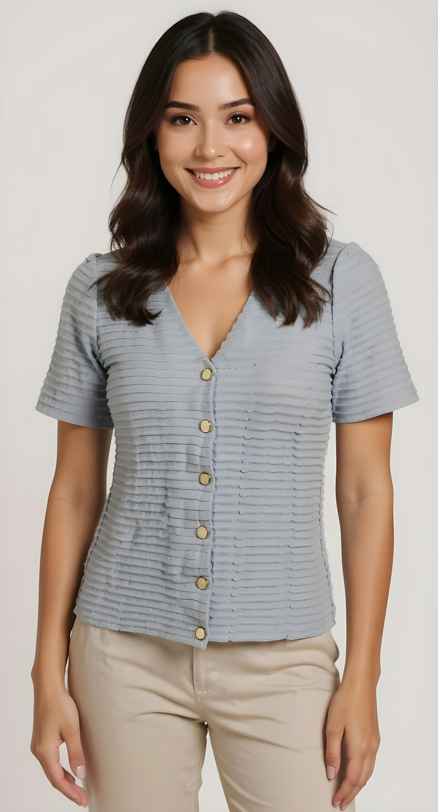 Textured Button Front Blouse – V-Neck Short Sleeve Women’s Top