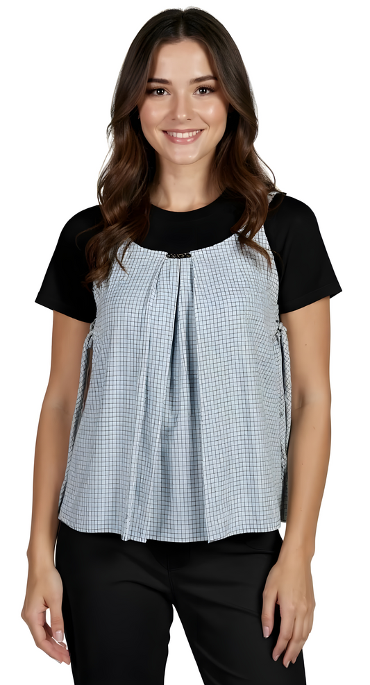 Korean Style Inspired Layered Check Pleated Top – Women’s Short Sleeve Blouse