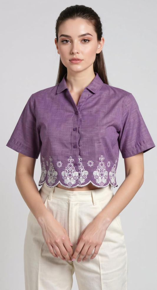 Embroidered Scallop Hem Cropped Linen Blouse