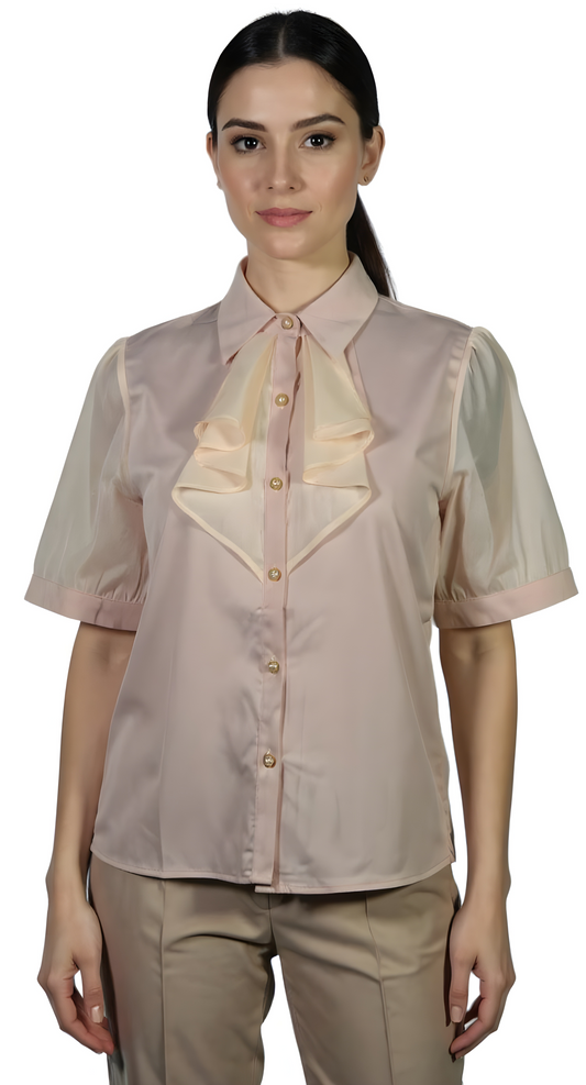 Elegant Ruffle Front Blouse – Soft Pink Short Sleeve Button-Up Shirt for Women