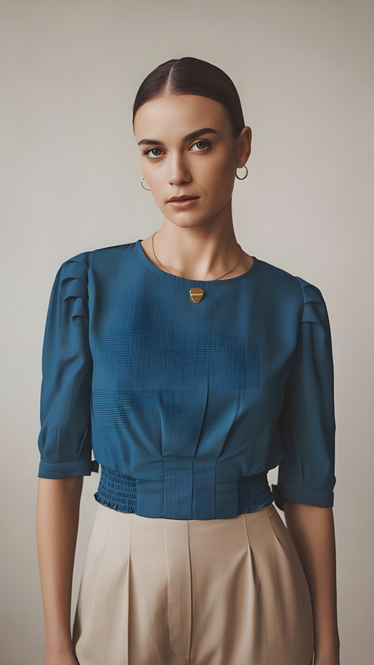 Tailored Textured Puff Sleeve Blouse – Teal