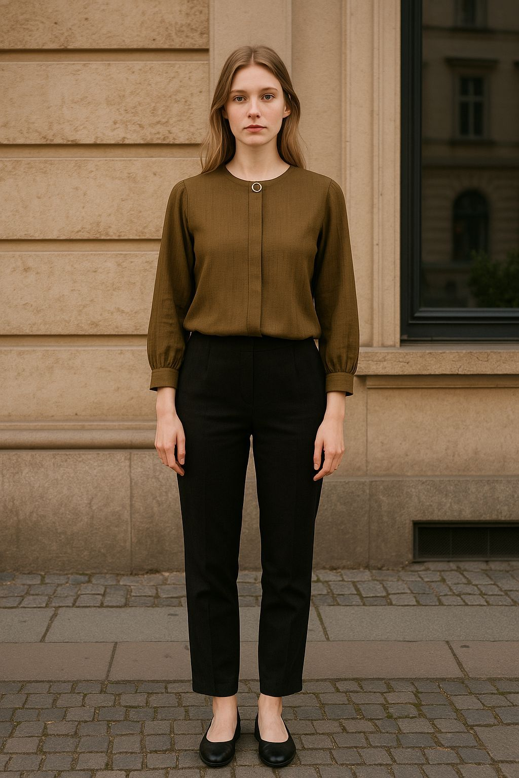 Women’s Round Neck Button Detail Blouse – 3/4 Sleeve Tailored Top
