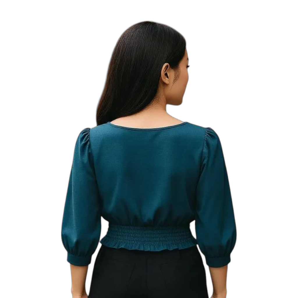 Tailored Textured Puff Sleeve Blouse – Teal