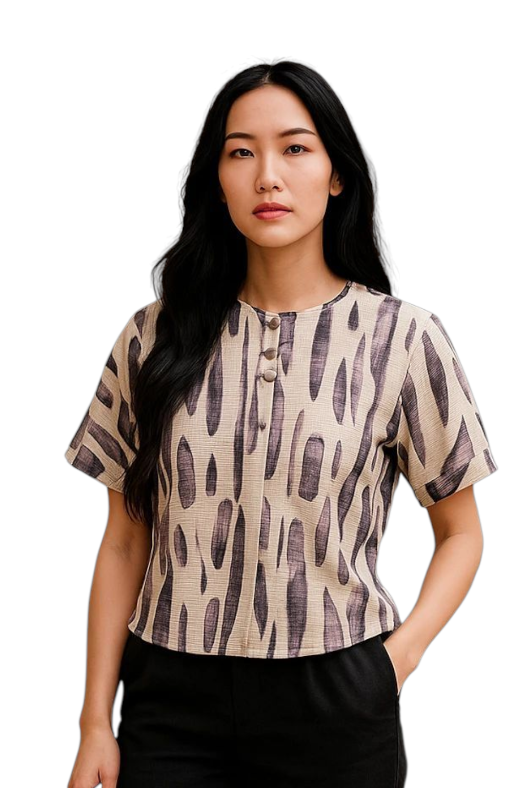 Abstract Brush Print Cream Cropped Blouse