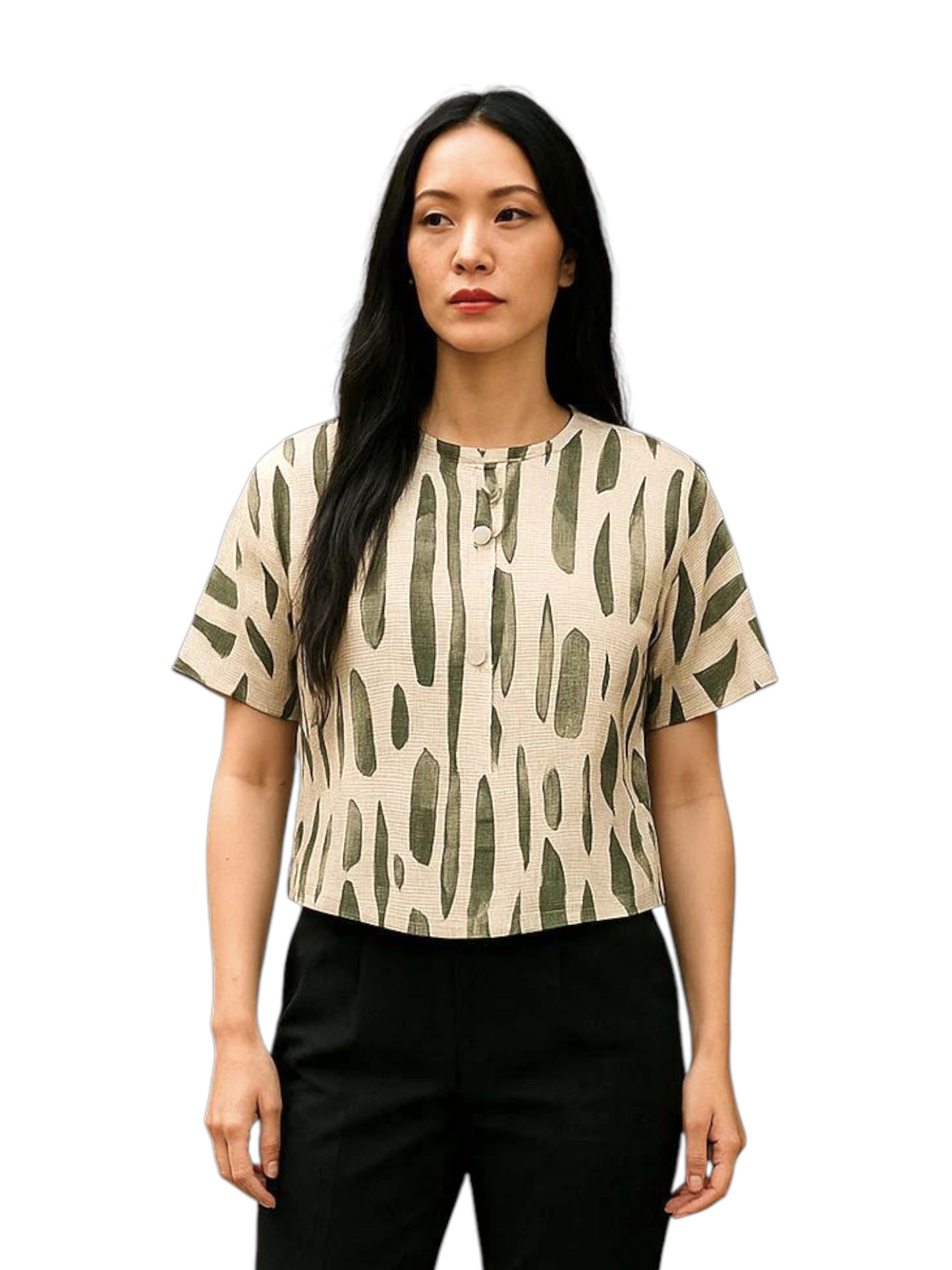 Abstract Brush Print Cream Cropped Blouse