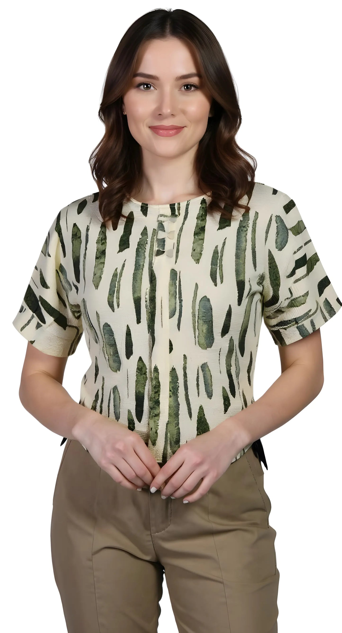 Abstract Brush Print Cream Cropped Blouse