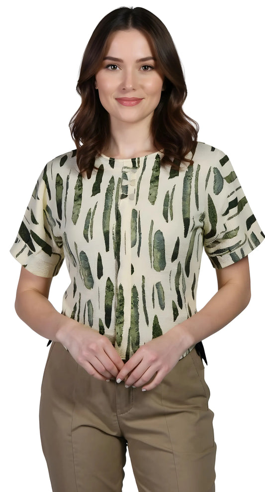 Abstract Brush Print Cream Cropped Blouse