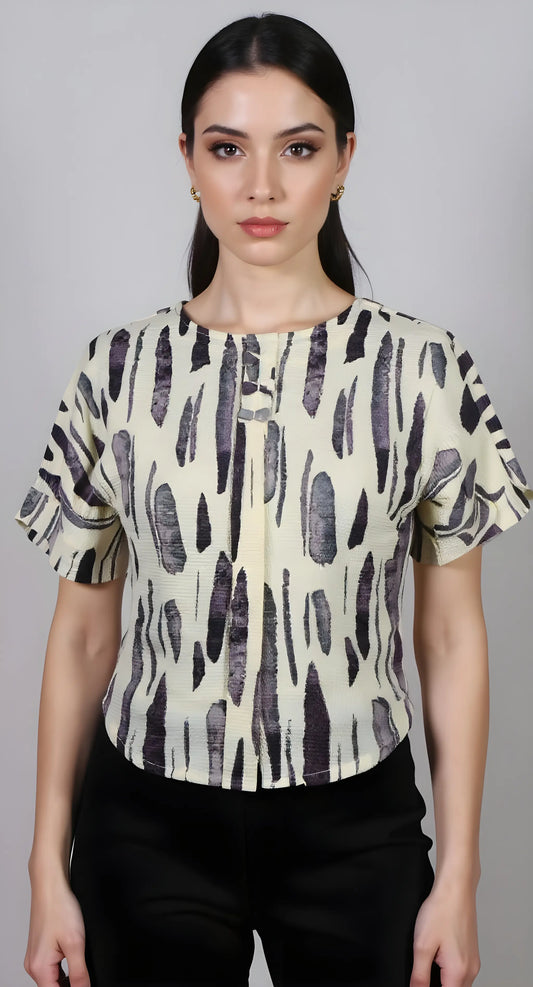 Abstract Brush Print Cream Cropped Blouse
