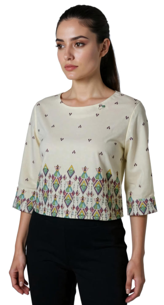 Geometric Print Cream Cropped Linen Blouse