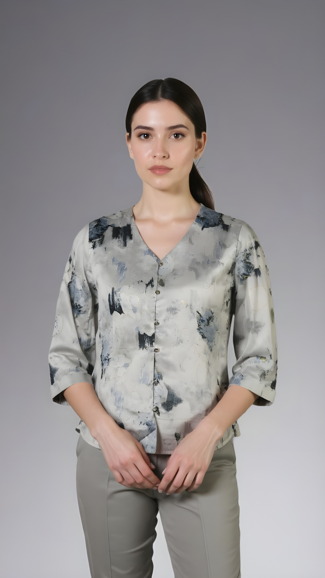 Women’s Abstract Print Relaxed Fit Blouse – V-Neck Button Front Top