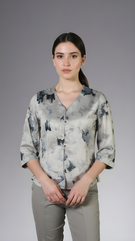 Women’s Abstract Print Relaxed Fit Blouse – V-Neck Button Front Top