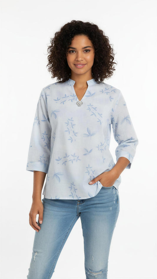 Sky Leaf Print Mandarin Neck Blouse