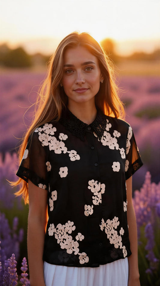 Floral Embroidered Organza Sheer Blouse With Inner Lining