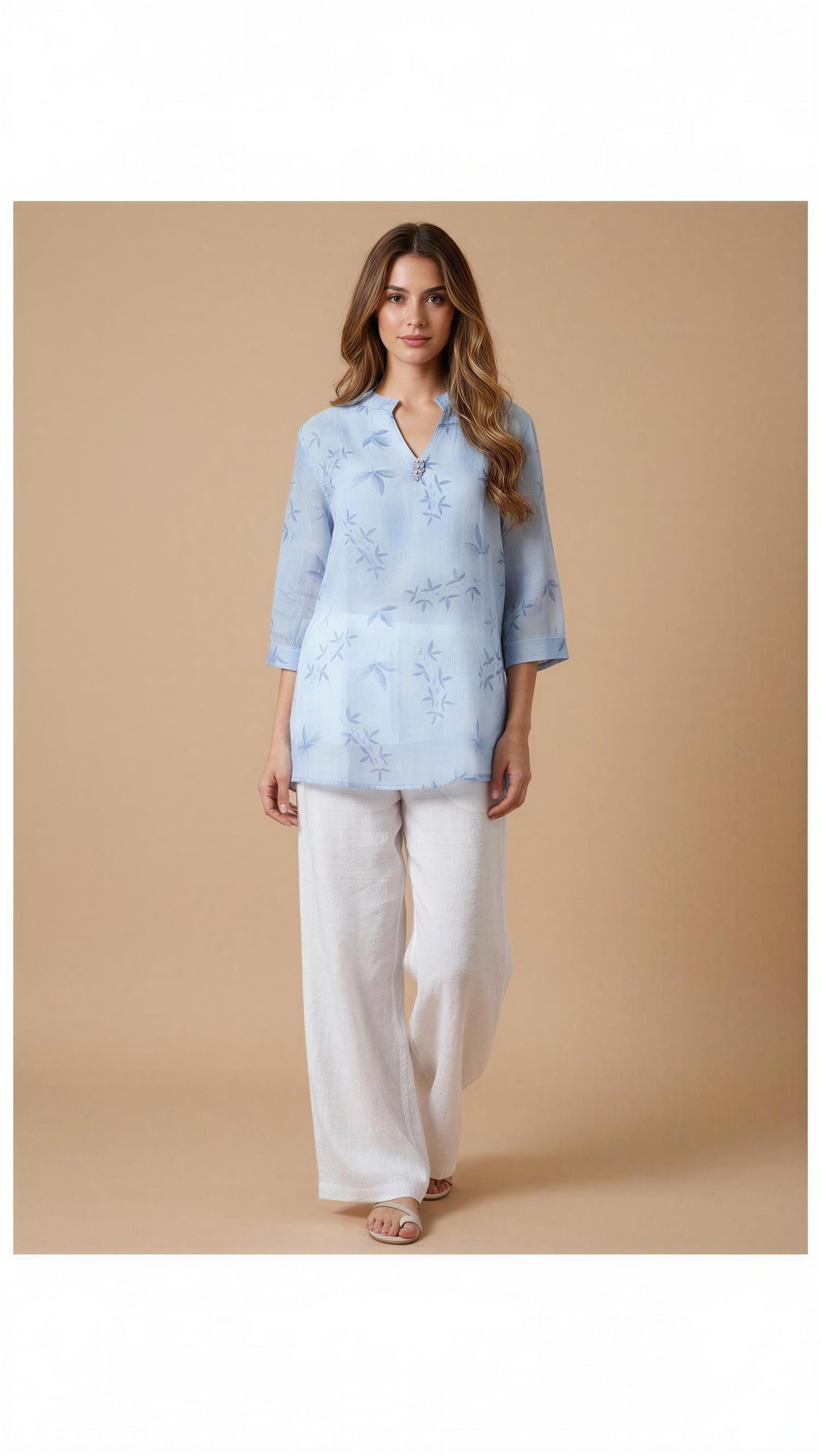 Sky Leaf Print Mandarin Neck Blouse