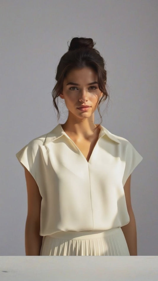 Elegant Cream Sleeveless Collared Blouse – Minimalist Women’s Chic Top (free pendant chain)